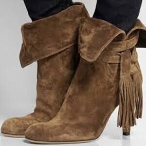 CHLOE Suede Tassel Tie Boots Size 38 8 Tan Leather LUXURY WESTERN BOHO Shoes